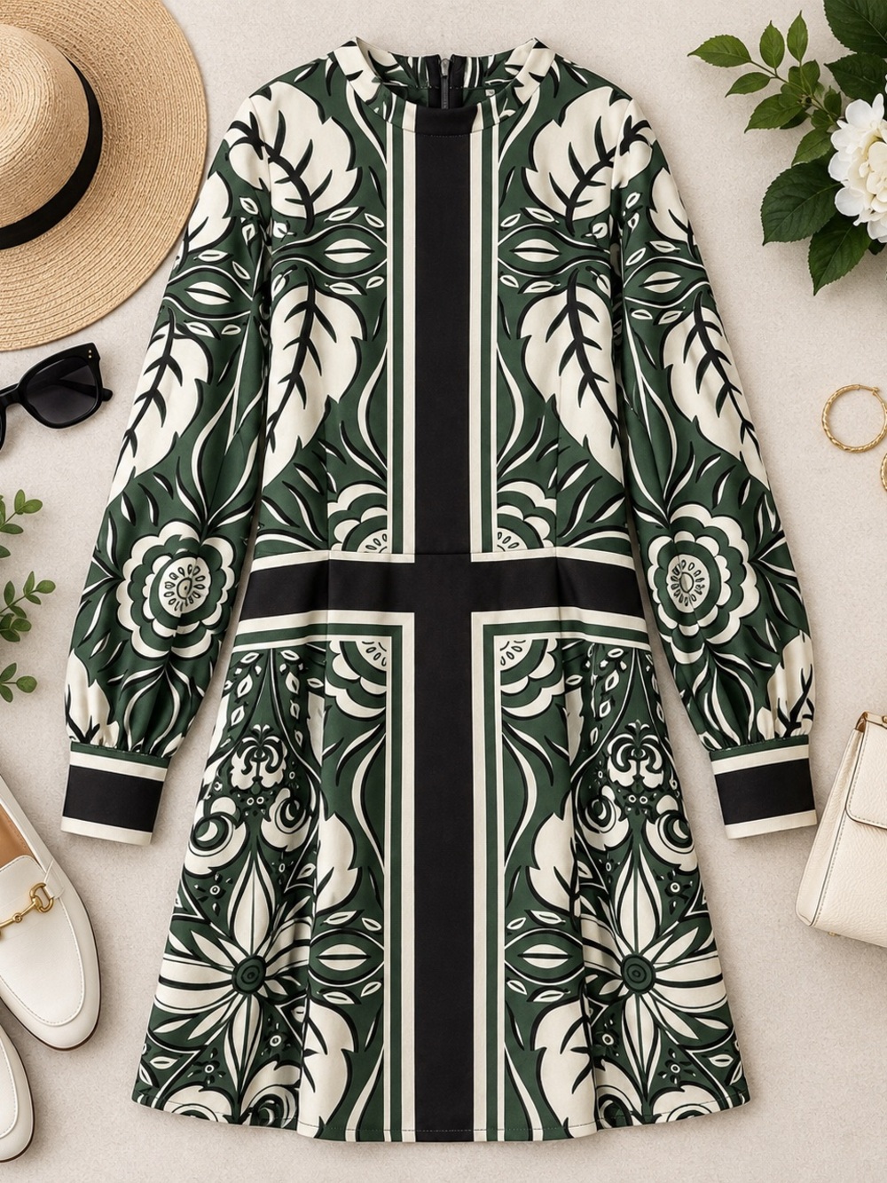 Finders Keepers Green Botanical Print Long Sleeve Dress – Size M
